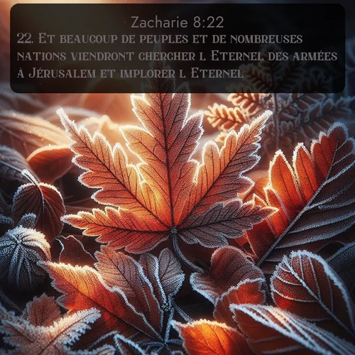Segond Zacharie  ; image nature: image avec le verset biblique :Et beaucoup de peuples et de nombreuses nations viendront chercher l&#039;Eternel des armées à Jérusalem et implorer l&#039;Eternel. ;  ; 8:22
