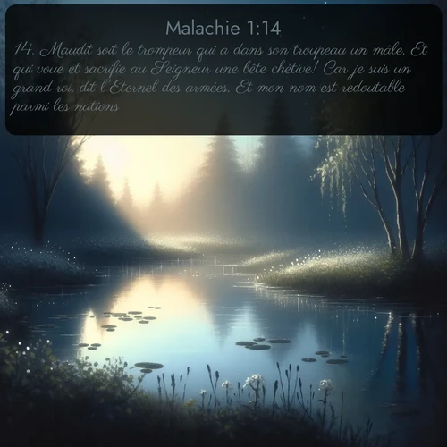 Segond Malachie  ; image nature: image avec le verset biblique :Maudit soit le trompeur qui a dans son troupeau un mâle, Et qui voue et sacrifie au Seigneur une bête chétive! Car je suis un grand roi, dit l&#039;Eternel des armées, Et mon nom est redoutable parmi les nations. ;  ; 1:14
