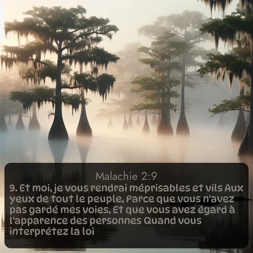 Segond Malachie  ; image nature: image avec le verset biblique :Et moi, je vous rendrai méprisables et vils Aux yeux de tout le peuple, Parce que vous n&#039;avez pas gardé mes voies, Et que vous avez égard à l&#039;apparence des personnes Quand vous interprétez la loi. ;  ; 2:9
