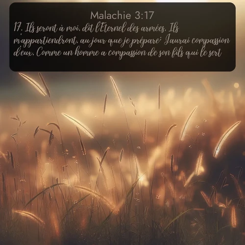 Segond Malachie  ; image nature: image avec le verset biblique :Ils seront à moi, dit l&#039;Eternel des armées, Ils m&#039;appartiendront, au jour que je prépare; J&#039;aurai compassion d&#039;eux, Comme un homme a compassion de son fils qui le sert. ;  ; 3:17