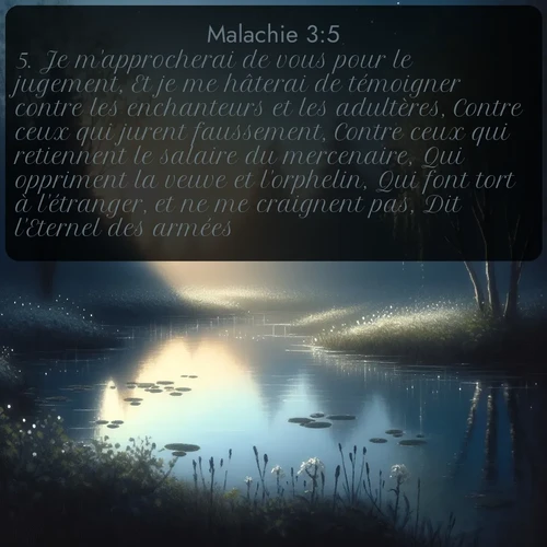 Segond Malachie  ; image nature: image avec le verset biblique :Je m&#039;approcherai de vous pour le jugement, Et je me hâterai de témoigner contre les enchanteurs et les adultères, Contre ceux qui jurent faussement, Contre ceux qui retiennent le salaire du mercenaire, Qui oppriment la veuve et l&#039;orphelin, Qui font tort à l&#039;étranger, et ne me craignent pas, Dit l&#039;Eternel des armées. ;  ; 3:5