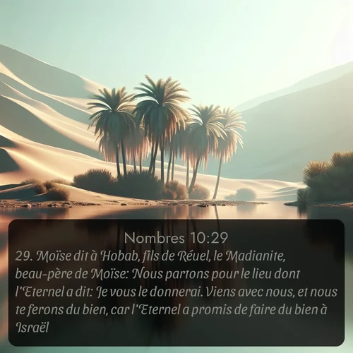 Segond Nombres  ; image nature: image avec le verset biblique :Moïse dit à Hobab, fils de Réuel, le Madianite, beau-père de Moïse: Nous partons pour le lieu dont l&#039;Eternel a dit: Je vous le donnerai. Viens avec nous, et nous te ferons du bien, car l&#039;Eternel a promis de faire du bien à Israël. ;  ; 10:29
