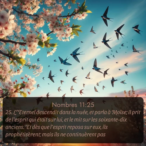 Segond Nombres  ; image nature: image avec le verset biblique :L&#039;Eternel descendit dans la nuée, et parla à Moïse; il prit de l&#039;esprit qui était sur lui, et le mit sur les soixante-dix anciens. Et dès que l&#039;esprit reposa sur eux, ils prophétisèrent; mais ils ne continuèrent pas. ;  ; 11:25