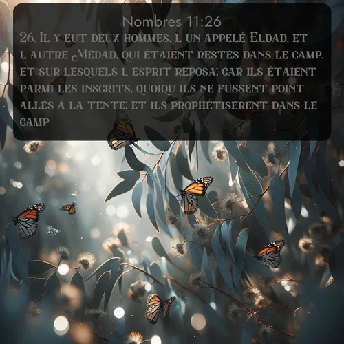 Segond Nombres  ; image nature: image avec le verset biblique :Il y eut deux hommes, l&#039;un appelé Eldad, et l&#039;autre Médad, qui étaient restés dans le camp, et sur lesquels l&#039;esprit reposa; car ils étaient parmi les inscrits, quoiqu&#039;ils ne fussent point allés à la tente; et ils prophétisèrent dans le camp. ;  ; 11:26