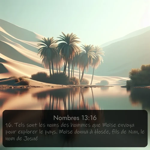 Segond Nombres  ; image nature: image avec le verset biblique :Tels sont les noms des hommes que Moïse envoya pour explorer le pays. Moïse donna à Hosée, fils de Nun, le nom de Josué. ;  ; 13:16