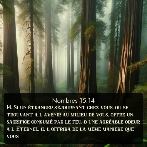 Segond Nombres  ; image nature: image avec le verset biblique :Si un étranger séjournant chez vous, ou se trouvant à l&#039;avenir au milieu de vous, offre un sacrifice consumé par le feu, d&#039;une agréable odeur à l&#039;Eternel, il l&#039;offrira de la même manière que vous. ;  ; 15:14