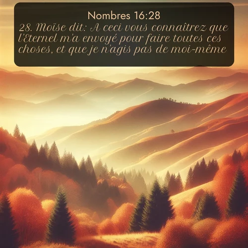 Segond Nombres  ; image nature: image avec le verset biblique :Moïse dit: A ceci vous connaîtrez que l&#039;Eternel m&#039;a envoyé pour faire toutes ces choses, et que je n&#039;agis pas de moi-même. ;  ; 16:28