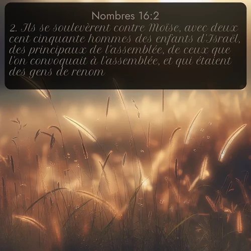 Segond Nombres  ; image nature: image avec le verset biblique :Ils se soulevèrent contre Moïse, avec deux cent cinquante hommes des enfants d&#039;Israël, des principaux de l&#039;assemblée, de ceux que l&#039;on convoquait à l&#039;assemblée, et qui étaient des gens de renom. ;  ; 16:2
