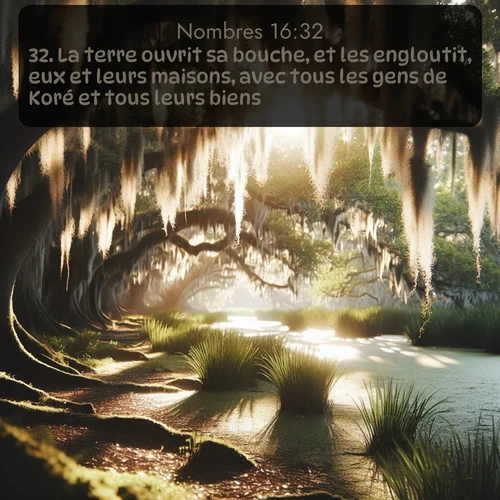 Segond Nombres  ; image nature: image avec le verset biblique :La terre ouvrit sa bouche, et les engloutit, eux et leurs maisons, avec tous les gens de Koré et tous leurs biens. ;  ; 16:32