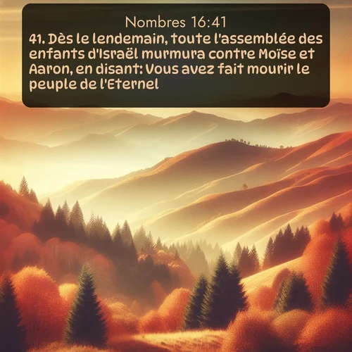 Segond Nombres  ; image nature: image avec le verset biblique :Dès le lendemain, toute l&#039;assemblée des enfants d&#039;Israël murmura contre Moïse et Aaron, en disant: Vous avez fait mourir le peuple de l&#039;Eternel. ;  ; 16:41