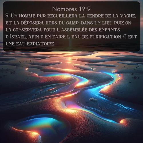 Segond Nombres  ; image nature: image avec le verset biblique :Un homme pur recueillera la cendre de la vache, et la déposera hors du camp, dans un lieu pur; on la conservera pour l&#039;assemblée des enfants d&#039;Israël, afin d&#039;en faire l&#039;eau de purification. C&#039;est une eau expiatoire. ;  ; 19:9