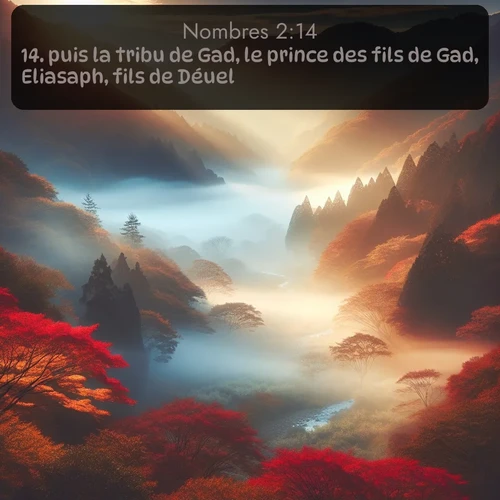 Segond Nombres  ; image nature: image avec le verset biblique :puis la tribu de Gad, le prince des fils de Gad, Eliasaph, fils de Déuel, ;  ; 2:14