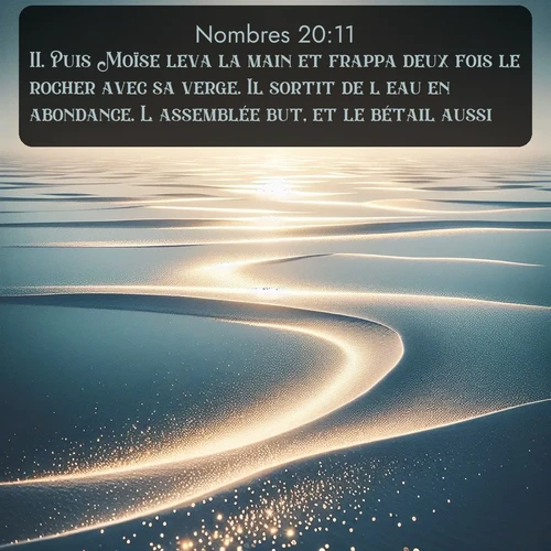 Segond Nombres  ; image nature: image avec le verset biblique :Puis Moïse leva la main et frappa deux fois le rocher avec sa verge. Il sortit de l&#039;eau en abondance. L&#039;assemblée but, et le bétail aussi. ;  ; 20:11