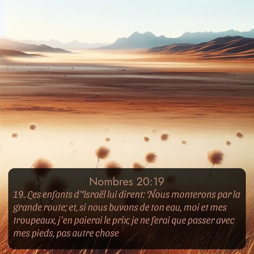 Segond Nombres  ; image nature: image avec le verset biblique :Les enfants d&#039;Israël lui dirent: Nous monterons par la grande route; et, si nous buvons de ton eau, moi et mes troupeaux, j&#039;en paierai le prix; je ne ferai que passer avec mes pieds, pas autre chose. ;  ; 20:19