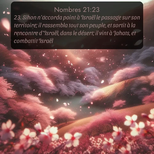 Segond Nombres  ; image nature: image avec le verset biblique :Sihon n&#039;accorda point à Israël le passage sur son territoire; il rassembla tout son peuple, et sortit à la rencontre d&#039;Israël, dans le désert; il vint à Jahats, et combattit Israël. ;  ; 21:23