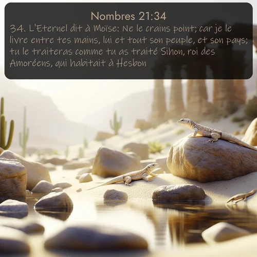 Segond Nombres  ; image nature: image avec le verset biblique :L&#039;Eternel dit à Moïse: Ne le crains point; car je le livre entre tes mains, lui et tout son peuple, et son pays; tu le traiteras comme tu as traité Sihon, roi des Amoréens, qui habitait à Hesbon. ;  ; 21:34