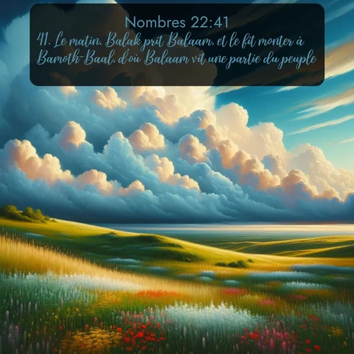 Segond Nombres  ; image nature: image avec le verset biblique :Le matin, Balak prit Balaam, et le fit monter à Bamoth-Baal, d&#039;où Balaam vit une partie du peuple. ;  ; 22:41
