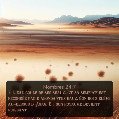 Segond Nombres  ; image nature: image avec le verset biblique :L&#039;eau coule de ses seaux, Et sa semence est fécondée par d&#039;abondantes eaux. Son roi s&#039;élève au-dessus d&#039;Agag, Et son royaume devient puissant. ;  ; 24:7