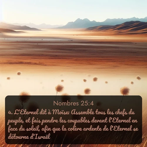 Segond Nombres  ; image nature: image avec le verset biblique :L&#039;Eternel dit à Moïse: Assemble tous les chefs du peuple, et fais pendre les coupables devant l&#039;Eternel en face du soleil, afin que la colère ardente de l&#039;Eternel se détourne d&#039;Israël. ;  ; 25:4
