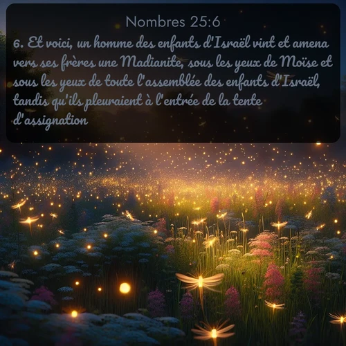 Segond Nombres  ; image nature: image avec le verset biblique :Et voici, un homme des enfants d&#039;Israël vint et amena vers ses frères une Madianite, sous les yeux de Moïse et sous les yeux de toute l&#039;assemblée des enfants d&#039;Israël, tandis qu&#039;ils pleuraient à l&#039;entrée de la tente d&#039;assignation. ;  ; 25:6