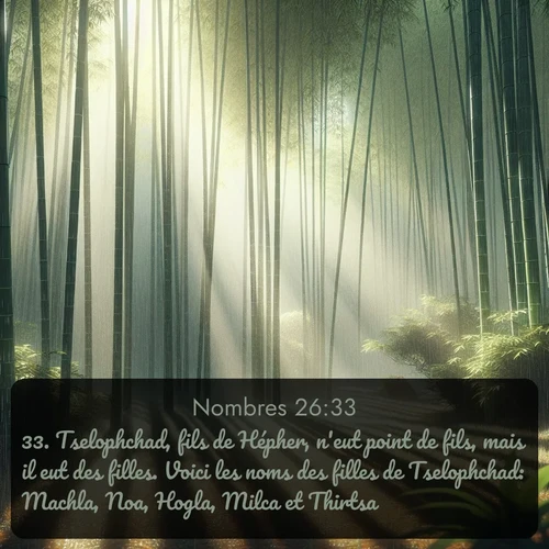 Segond Nombres  ; image nature: image avec le verset biblique :Tselophchad, fils de Hépher, n&#039;eut point de fils, mais il eut des filles. Voici les noms des filles de Tselophchad: Machla, Noa, Hogla, Milca et Thirtsa. ;  ; 26:33
