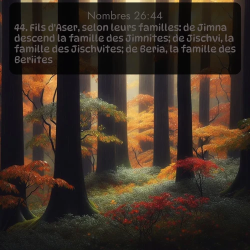 Segond Nombres  ; image nature: image avec le verset biblique :Fils d&#039;Aser, selon leurs familles: de Jimna descend la famille des Jimnites; de Jischvi, la famille des Jischvites; de Beria, la famille des Beriites. ;  ; 26:44