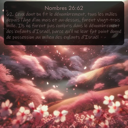 Segond Nombres  ; image nature: image avec le verset biblique :Ceux dont on fit le dénombrement, tous les mâles depuis l&#039;âge d&#039;un mois et au-dessus, furent vingt-trois mille. Ils ne furent pas compris dans le dénombrement des enfants d&#039;Israël, parce qu&#039;il ne leur fut point donné de possession au milieu des enfants d&#039;Israël. ;  ; 26:62