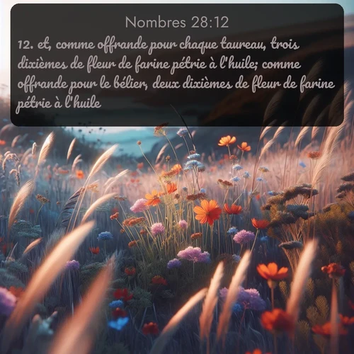Segond Nombres  ; image nature: image avec le verset biblique :et, comme offrande pour chaque taureau, trois dixièmes de fleur de farine pétrie à l&#039;huile; comme offrande pour le bélier, deux dixièmes de fleur de farine pétrie à l&#039;huile; ;  ; 28:12