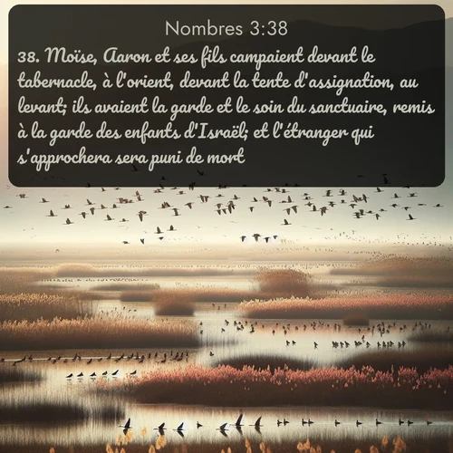 Segond Nombres  ; image nature: image avec le verset biblique :Moïse, Aaron et ses fils campaient devant le tabernacle, à l&#039;orient, devant la tente d&#039;assignation, au levant; ils avaient la garde et le soin du sanctuaire, remis à la garde des enfants d&#039;Israël; et l&#039;étranger qui s&#039;approchera sera puni de mort. ;  ; 3:38