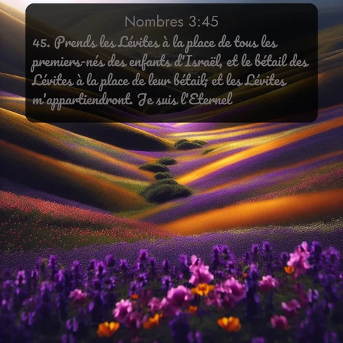 Segond Nombres  ; image nature: image avec le verset biblique :Prends les Lévites à la place de tous les premiers-nés des enfants d&#039;Israël, et le bétail des Lévites à la place de leur bétail; et les Lévites m&#039;appartiendront. Je suis l&#039;Eternel. ;  ; 3:45