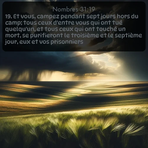 Segond Nombres  ; image nature: image avec le verset biblique :Et vous, campez pendant sept jours hors du camp; tous ceux d&#039;entre vous qui ont tué quelqu&#039;un, et tous ceux qui ont touché un mort, se purifieront le troisième et le septième jour, eux et vos prisonniers. ;  ; 31:19