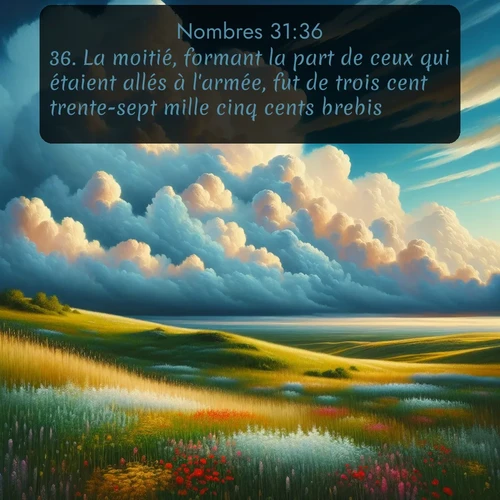 Segond Nombres  ; image nature: image avec le verset biblique :La moitié, formant la part de ceux qui étaient allés à l&#039;armée, fut de trois cent trente-sept mille cinq cents brebis, ;  ; 31:36