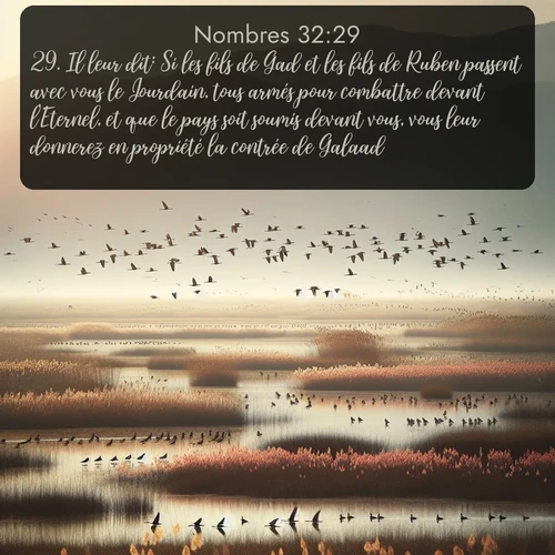 Segond Nombres  ; image nature: image avec le verset biblique :Il leur dit: Si les fils de Gad et les fils de Ruben passent avec vous le Jourdain, tous armés pour combattre devant l&#039;Eternel, et que le pays soit soumis devant vous, vous leur donnerez en propriété la contrée de Galaad. ;  ; 32:29