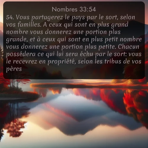 Segond Nombres  ; image nature: image avec le verset biblique :Vous partagerez le pays par le sort, selon vos familles. A ceux qui sont en plus grand nombre vous donnerez une portion plus grande, et à ceux qui sont en plus petit nombre vous donnerez une portion plus petite. Chacun possédera ce qui lui sera échu par le sort: vous le recevrez en propriété, selon les tribus de vos pères. ;  ; 33:54