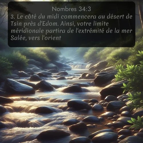 Segond Nombres  ; image nature: image avec le verset biblique :Le côté du midi commencera au désert de Tsin près d&#039;Edom. Ainsi, votre limite méridionale partira de l&#039;extrémité de la mer Salée, vers l&#039;orient; ;  ; 34:3