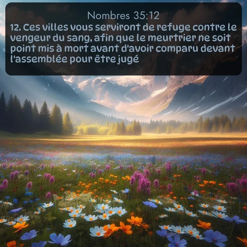 Segond Nombres  ; image nature: image avec le verset biblique :Ces villes vous serviront de refuge contre le vengeur du sang, afin que le meurtrier ne soit point mis à mort avant d&#039;avoir comparu devant l&#039;assemblée pour être jugé. ;  ; 35:12