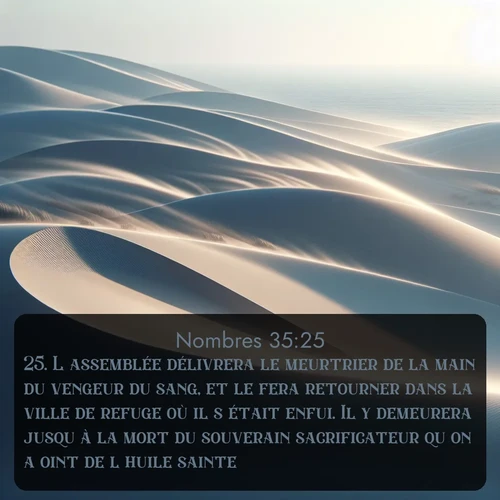 Segond Nombres  ; image nature: image avec le verset biblique :L&#039;assemblée délivrera le meurtrier de la main du vengeur du sang, et le fera retourner dans la ville de refuge où il s&#039;était enfui. Il y demeurera jusqu&#039;à la mort du souverain sacrificateur qu&#039;on a oint de l&#039;huile sainte. ;  ; 35:25