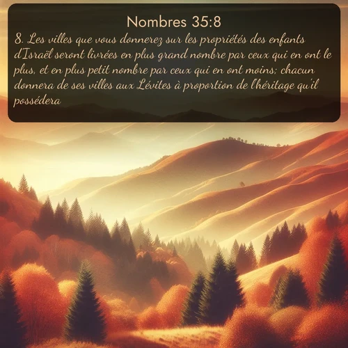 Segond Nombres  ; image nature: image avec le verset biblique :Les villes que vous donnerez sur les propriétés des enfants d&#039;Israël seront livrées en plus grand nombre par ceux qui en ont le plus, et en plus petit nombre par ceux qui en ont moins; chacun donnera de ses villes aux Lévites à proportion de l&#039;héritage qu&#039;il possédera. ;  ; 35:8