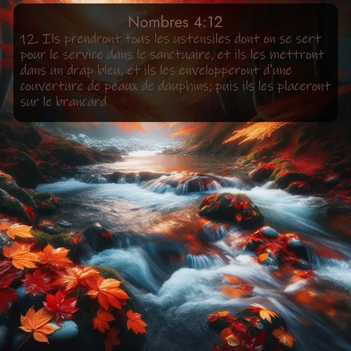 Segond Nombres  ; image nature: image avec le verset biblique :Ils prendront tous les ustensiles dont on se sert pour le service dans le sanctuaire, et ils les mettront dans un drap bleu, et ils les envelopperont d&#039;une couverture de peaux de dauphins; puis ils les placeront sur le brancard. ;  ; 4:12