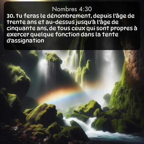 Segond Nombres  ; image nature: image avec le verset biblique :tu feras le dénombrement, depuis l&#039;âge de trente ans et au-dessus jusqu&#039;à l&#039;âge de cinquante ans, de tous ceux qui sont propres à exercer quelque fonction dans la tente d&#039;assignation. ;  ; 4:30