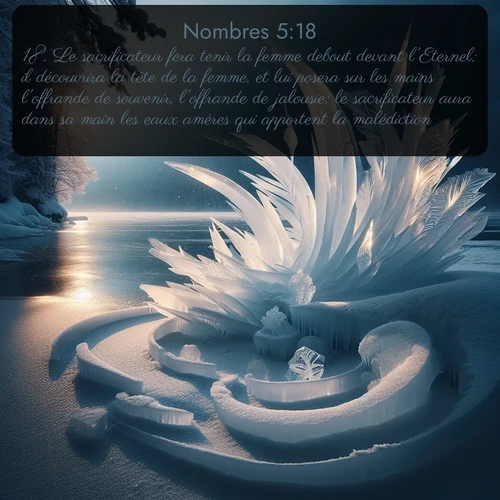 Segond Nombres  ; image nature: image avec le verset biblique :Le sacrificateur fera tenir la femme debout devant l&#039;Eternel; il découvrira la tête de la femme, et lui posera sur les mains l&#039;offrande de souvenir, l&#039;offrande de jalousie; le sacrificateur aura dans sa main les eaux amères qui apportent la malédiction. ;  ; 5:18