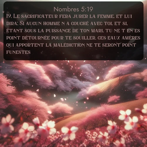 Segond Nombres  ; image nature: image avec le verset biblique :Le sacrificateur fera jurer la femme, et lui dira: Si aucun homme n&#039;a couché avec toi, et si, étant sous la puissance de ton mari, tu ne t&#039;en es point détournée pour te souiller, ces eaux amères qui apportent la malédiction ne te seront point funestes. ;  ; 5:19
