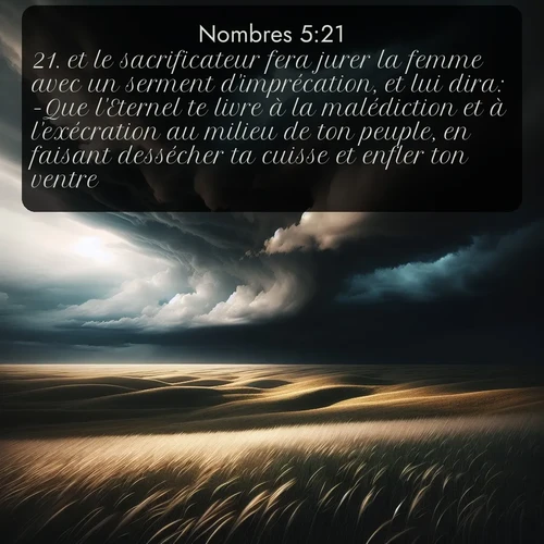 Segond Nombres  ; image nature: image avec le verset biblique :et le sacrificateur fera jurer la femme avec un serment d&#039;imprécation, et lui dira: -Que l&#039;Eternel te livre à la malédiction et à l&#039;exécration au milieu de ton peuple, en faisant dessécher ta cuisse et enfler ton ventre, ;  ; 5:21