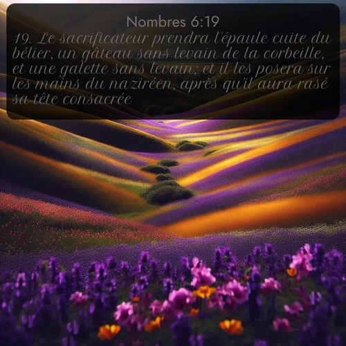 Segond Nombres  ; image nature: image avec le verset biblique :Le sacrificateur prendra l&#039;épaule cuite du bélier, un gâteau sans levain de la corbeille, et une galette sans levain; et il les posera sur les mains du naziréen, après qu&#039;il aura rasé sa tête consacrée. ;  ; 6:19