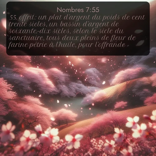 Segond Nombres  ; image nature: image avec le verset biblique :offrit: un plat d&#039;argent du poids de cent trente sicles, un bassin d&#039;argent de soixante-dix sicles, selon le sicle du sanctuaire, tous deux pleins de fleur de farine pétrie à l&#039;huile, pour l&#039;offrande; ;  ; 7:55
