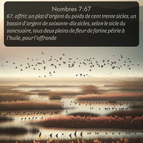 Segond Nombres  ; image nature: image avec le verset biblique :offrit: un plat d&#039;argent du poids de cent trente sicles, un bassin d&#039;argent de soixante-dix sicles, selon le sicle du sanctuaire, tous deux pleins de fleur de farine pétrie à l&#039;huile, pour l&#039;offrande; ;  ; 7:67