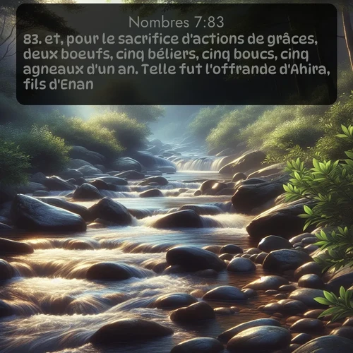 Segond Nombres  ; image nature: image avec le verset biblique :et, pour le sacrifice d&#039;actions de grâces, deux boeufs, cinq béliers, cinq boucs, cinq agneaux d&#039;un an. Telle fut l&#039;offrande d&#039;Ahira, fils d&#039;Enan. ;  ; 7:83
