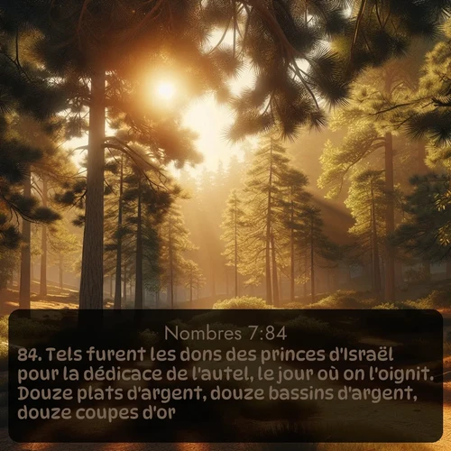 Segond Nombres  ; image nature: image avec le verset biblique :Tels furent les dons des princes d&#039;Israël pour la dédicace de l&#039;autel, le jour où on l&#039;oignit. Douze plats d&#039;argent, douze bassins d&#039;argent, douze coupes d&#039;or; ;  ; 7:84
