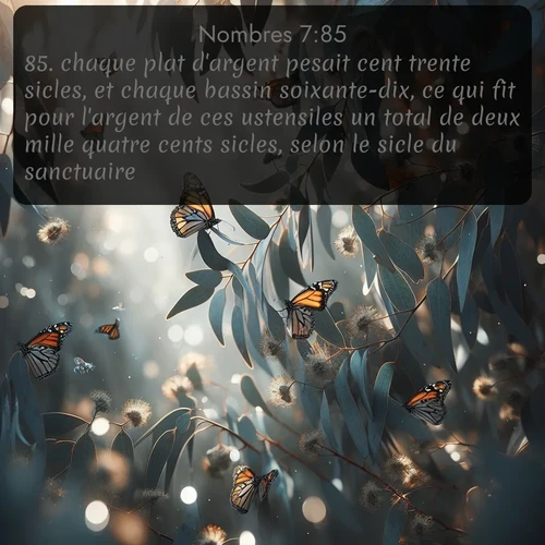 Segond Nombres  ; image nature: image avec le verset biblique :chaque plat d&#039;argent pesait cent trente sicles, et chaque bassin soixante-dix, ce qui fit pour l&#039;argent de ces ustensiles un total de deux mille quatre cents sicles, selon le sicle du sanctuaire; ;  ; 7:85