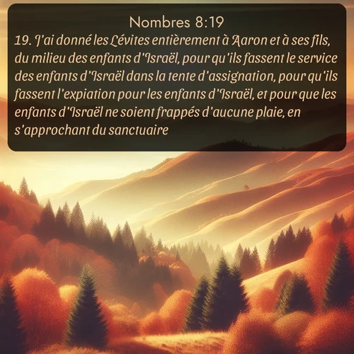 Segond Nombres  ; image nature: image avec le verset biblique :J&#039;ai donné les Lévites entièrement à Aaron et à ses fils, du milieu des enfants d&#039;Israël, pour qu&#039;ils fassent le service des enfants d&#039;Israël dans la tente d&#039;assignation, pour qu&#039;ils fassent l&#039;expiation pour les enfants d&#039;Israël, et pour que les enfants d&#039;Israël ne soient frappés d&#039;aucune plaie, en s&#039;approchant du sanctuaire. ;  ; 8:19